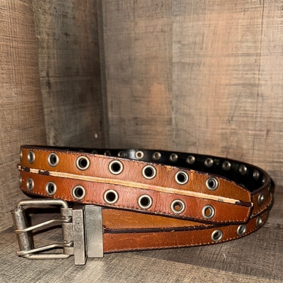 Other - Brown Leather Belt with Metal Accents
